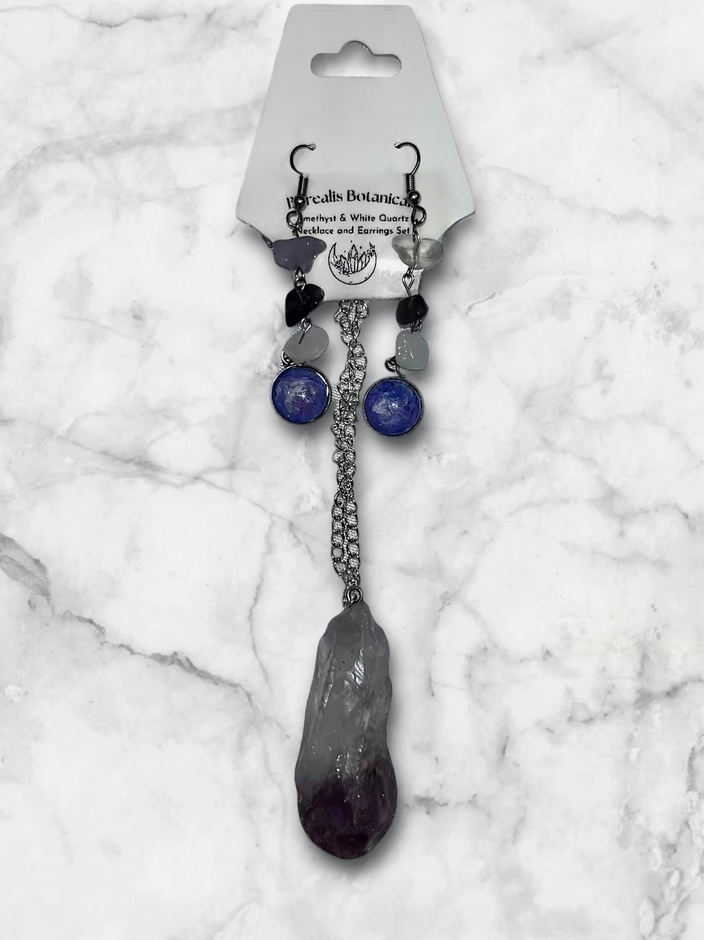 Amethyst and White Quartz Earrings and Necklace Set