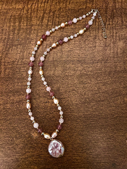 Strawberry Quartz and Freshwater Pearl Necklace