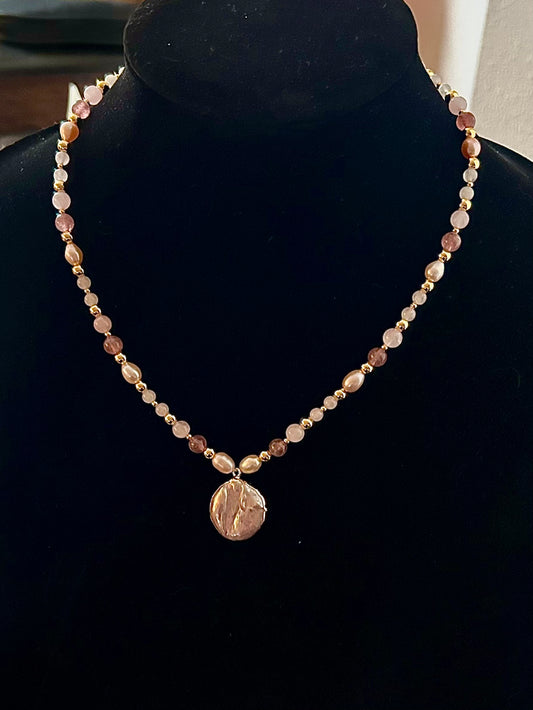 Strawberry Quartz and Freshwater Pearl Necklace