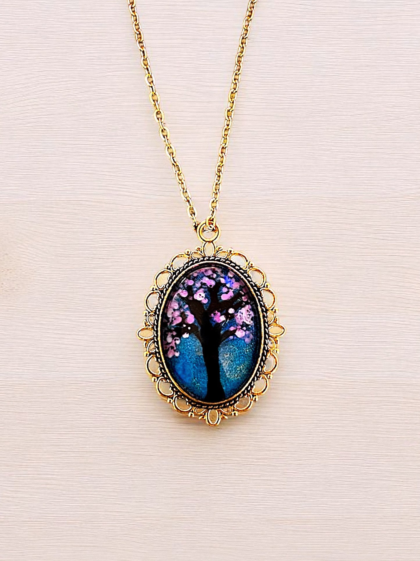 Ornate Hand Painted Oval Tree Pendants