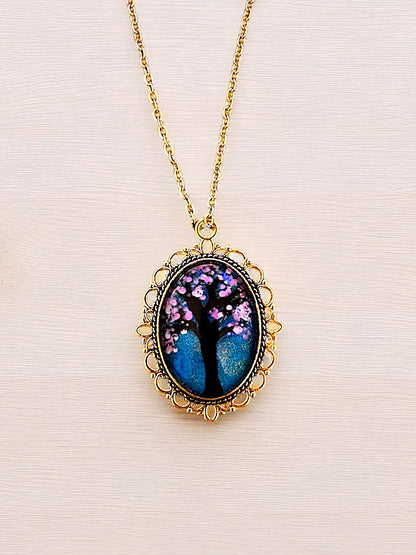 Ornate Hand Painted Oval Tree Pendants