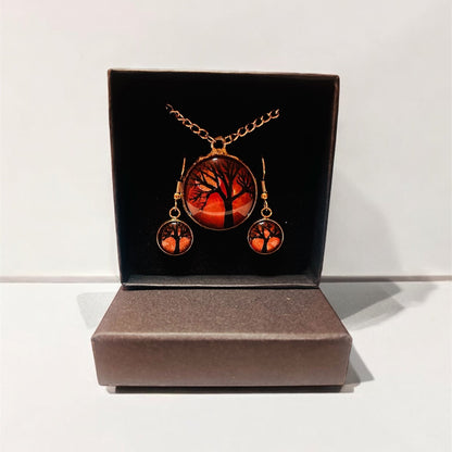 Hand-Painted Tree Cabochon Necklace & Earring Set