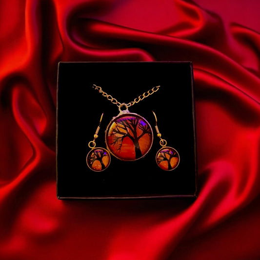 Hand-Painted Tree Cabochon Necklace & Earring Set