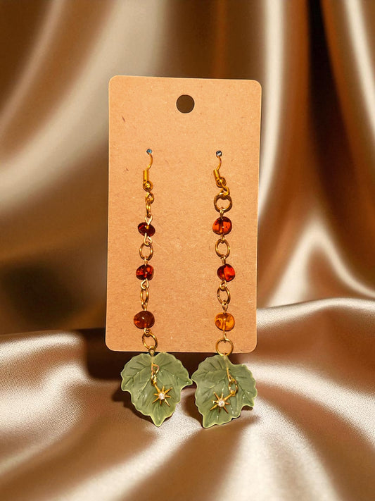 Baltic Amber & 18k Plated Star Charms-Leaf Earring and Bracelet Set