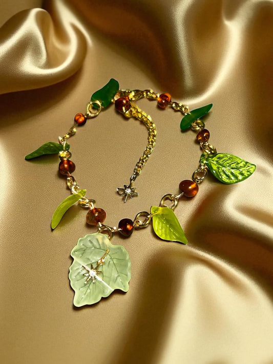 Baltic Amber & 18k Plated Star Charms-Leaf Earring and Bracelet Set